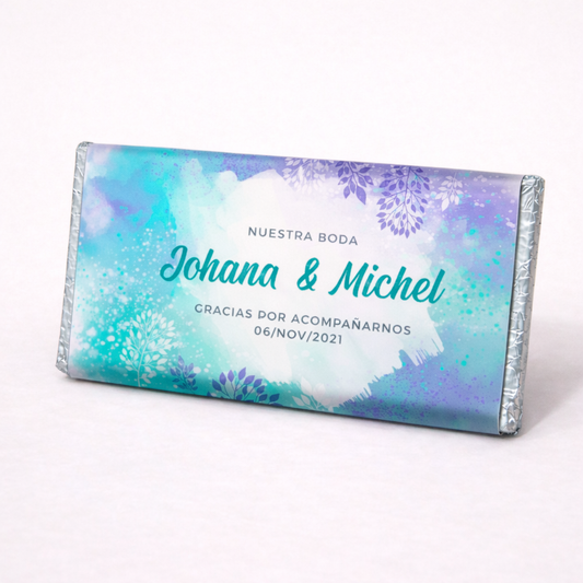 BARRAS DE CHOCOLATE PERSONALIZADAS DISEÑO #8611 ACUARELA AZUL Y MORADO BODAS