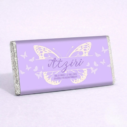 BARRAS DE CHOCOLATE PERSONALIZADAS DISEÑO #90762 MARIPOSAS LILA XV AÑOS BABY SHOWER