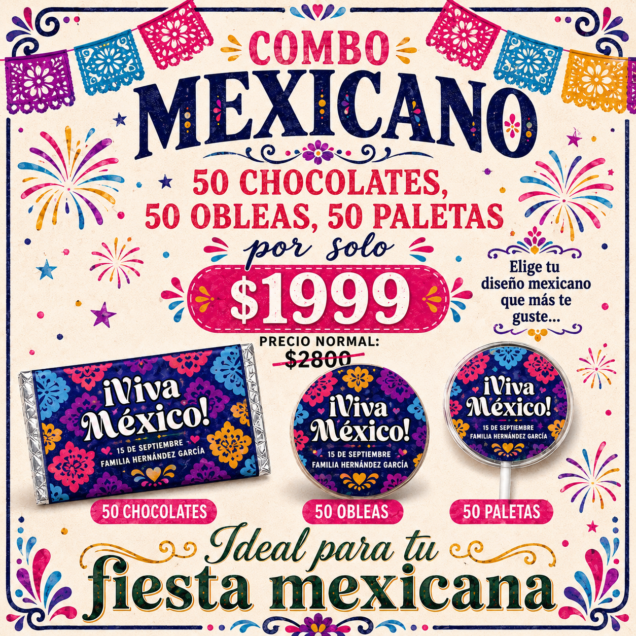 ¡COMBO MEXICANO! Contiene 50 chocolates 8x4 cms, 50 0bleas rellenas de cajeta y 50 paletas.