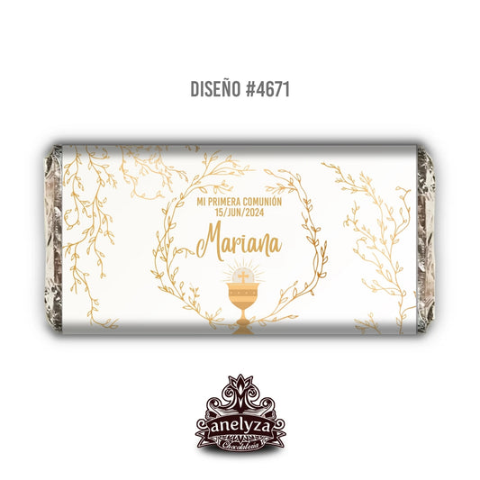 BARRAS DE CHOCOLATE PERSONALIZADAS DISEÑO #4671 DORADO BAUTIZO/PRIMERA COMUNIÓN