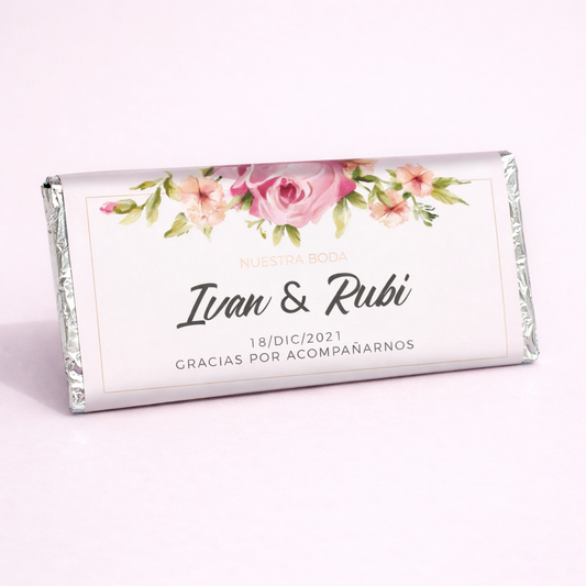 BARRAS DE CHOCOLATE PERSONALIZADAS DISEÑO #4545 ROSAS CON DORADO BODAS
