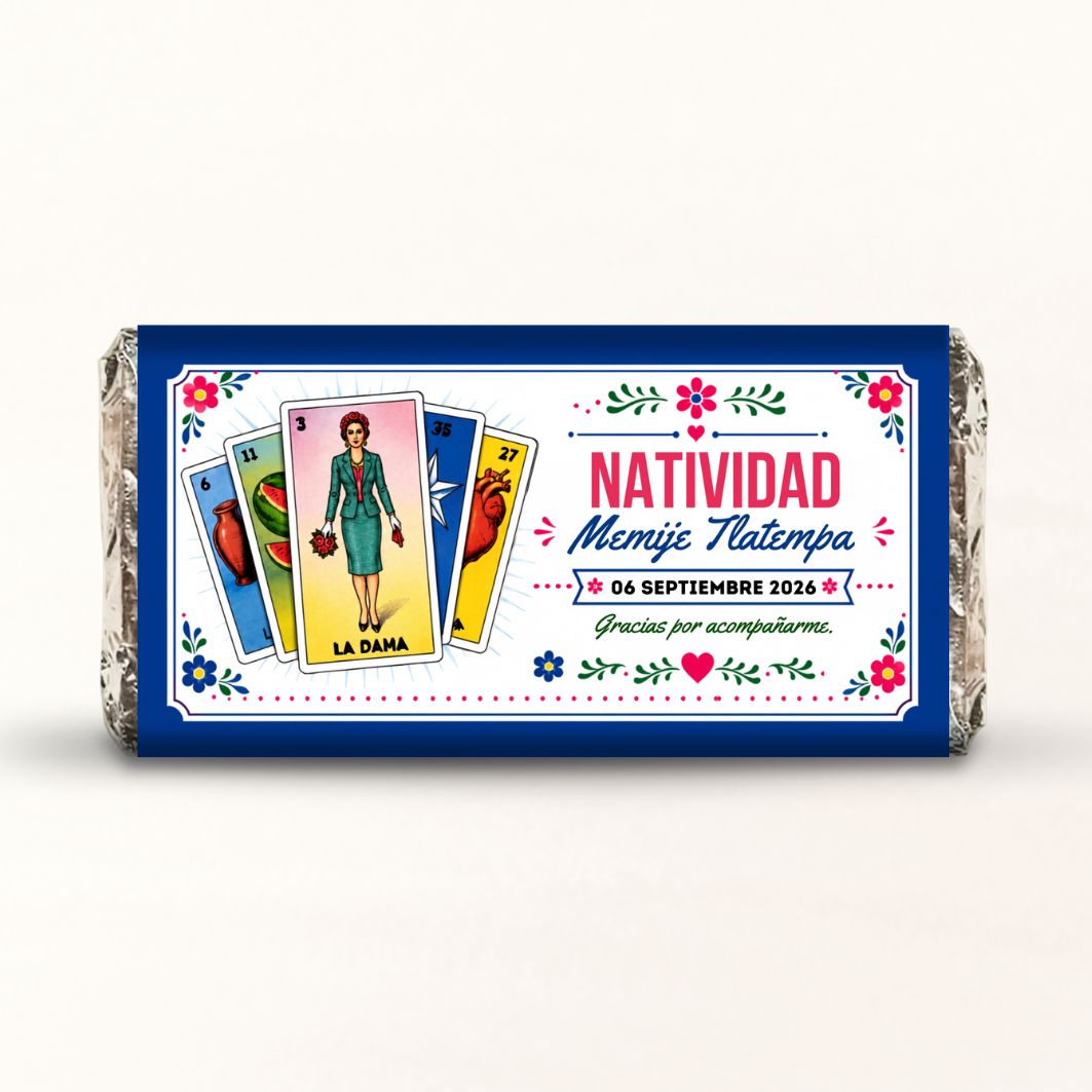 BARRAS DE CHOCOLATE PERSONALIZADAS DISEÑO #7351 LOTERÍA CUMPLEAÑOS DE MUJER