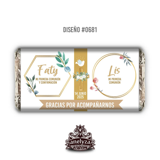 BARRAS DE CHOCOLATE PERSONALIZADAS DISEÑO #0681 DORADO BAUTIZO/PRIMERA COMUNIÓN