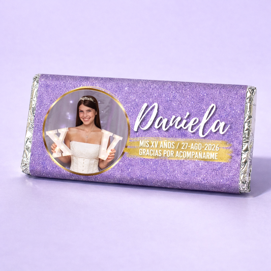 BARRAS DE CHOCOLATE PERSONALIZADAS DISEÑO #97862 XV AÑOS FOTO GLITTER MORADO LILA