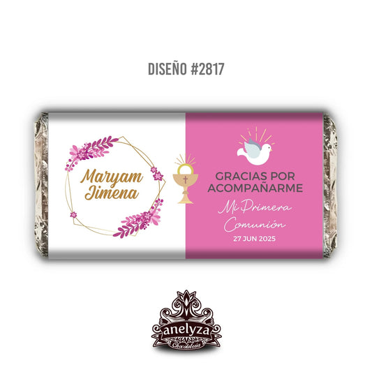 BARRAS DE CHOCOLATE PERSONALIZADAS DISEÑO #2817 ROSA BAUTIZO/PRIMERA COMUNIÓN