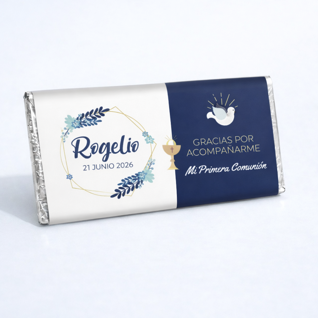 BARRAS DE CHOCOLATE PERSONALIZADAS DISEÑO #6222 AZUL BAUTIZO/PRIMERA COMUNIÓN