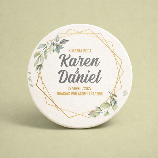 OBLEAS RELLENAS PERSONALIZADAS DISEÑO #7741 HOJAS VERDES ARO DORADO BODAS