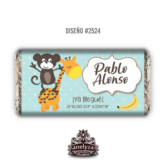 BARRAS DE CHOCOLATE PERSONALIZADAS DISEÑO #2524 CHANGUITO JIRAFA NACIMIENTO/BABY SHOWER
