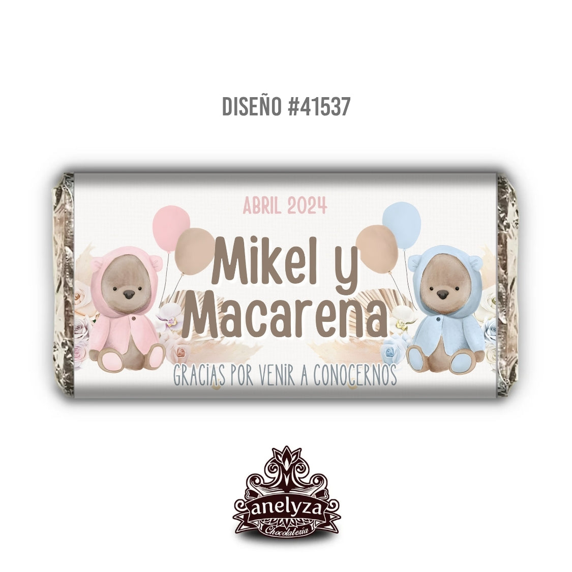 BARRAS DE CHOCOLATE PERSONALIZADAS DISEÑO #41537 GEMELOS OSITOS NACIMIENTO/BABY SHOWER