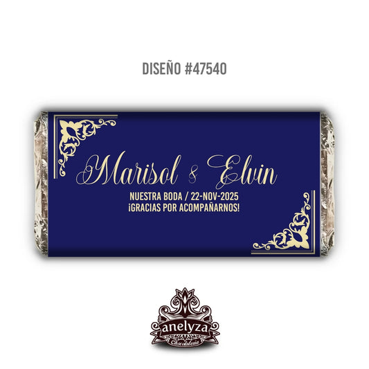 BARRAS DE CHOCOLATE  PERSONALIZADAS DISEÑO #47540 AZUL REY CON DORADO BODAS