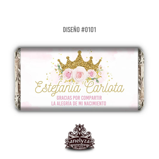 BARRAS DE CHOCOLATE PERSONALIZADAS DISEÑO #0101 PRINCESA NACIMIENTO/BABY SHOWER