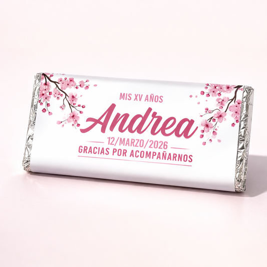 BARRAS DE CHOCOLATE PERSONALIZADAS DISEÑO #29007 FLOR DE CEREZO XV AÑOS
