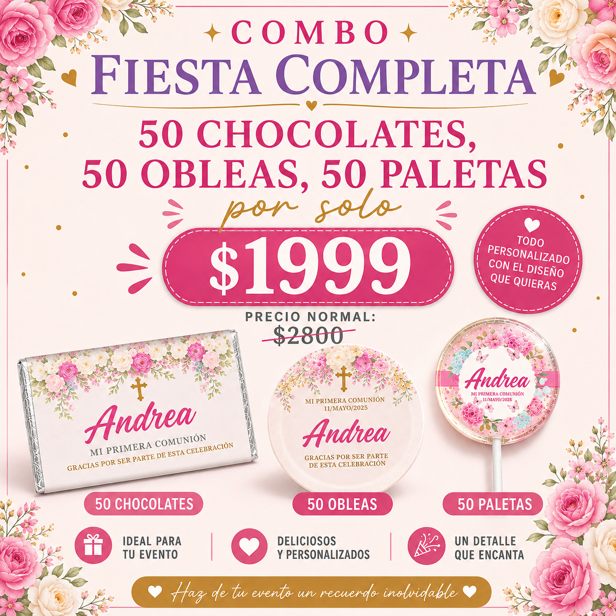 COMBO FIESTA COMPLETA 50 CHOCOLATES 8X4 CMS, 50 0BLEAS DE CAJETA, 50 PALETAS