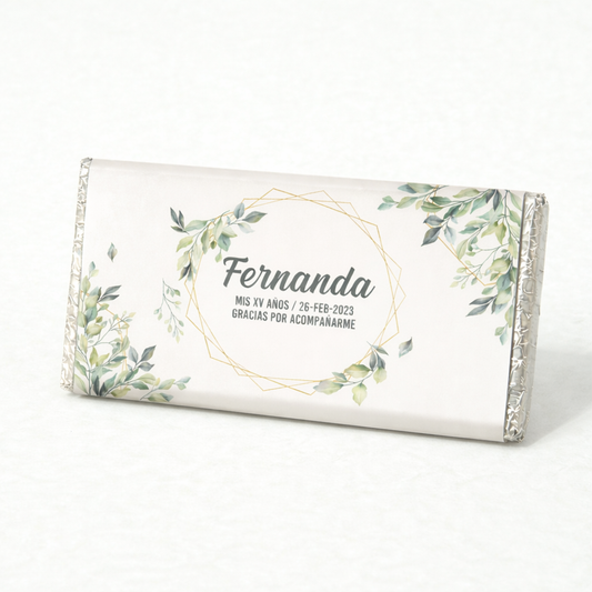 BARRAS DE CHOCOLATE PERSONALIZADAS DISEÑO #7741 HOJAS VERDES XV AÑOS