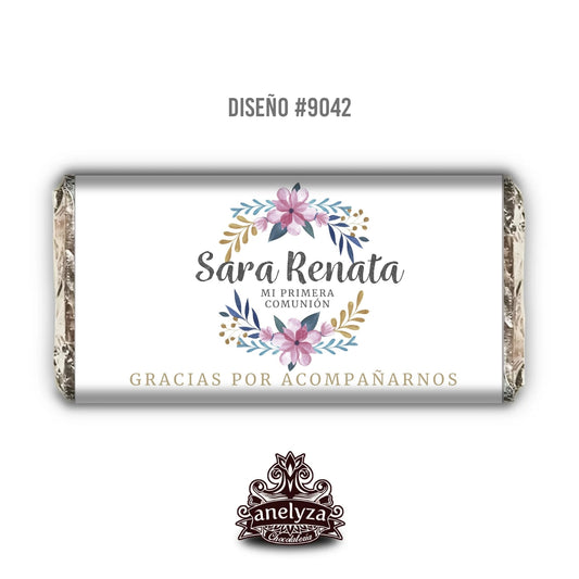 BARRAS DE CHOCOLATE PERSONALIZADAS DISEÑO #9042 FLORES BAUTIZO/PRIMERA COMUNIÓN