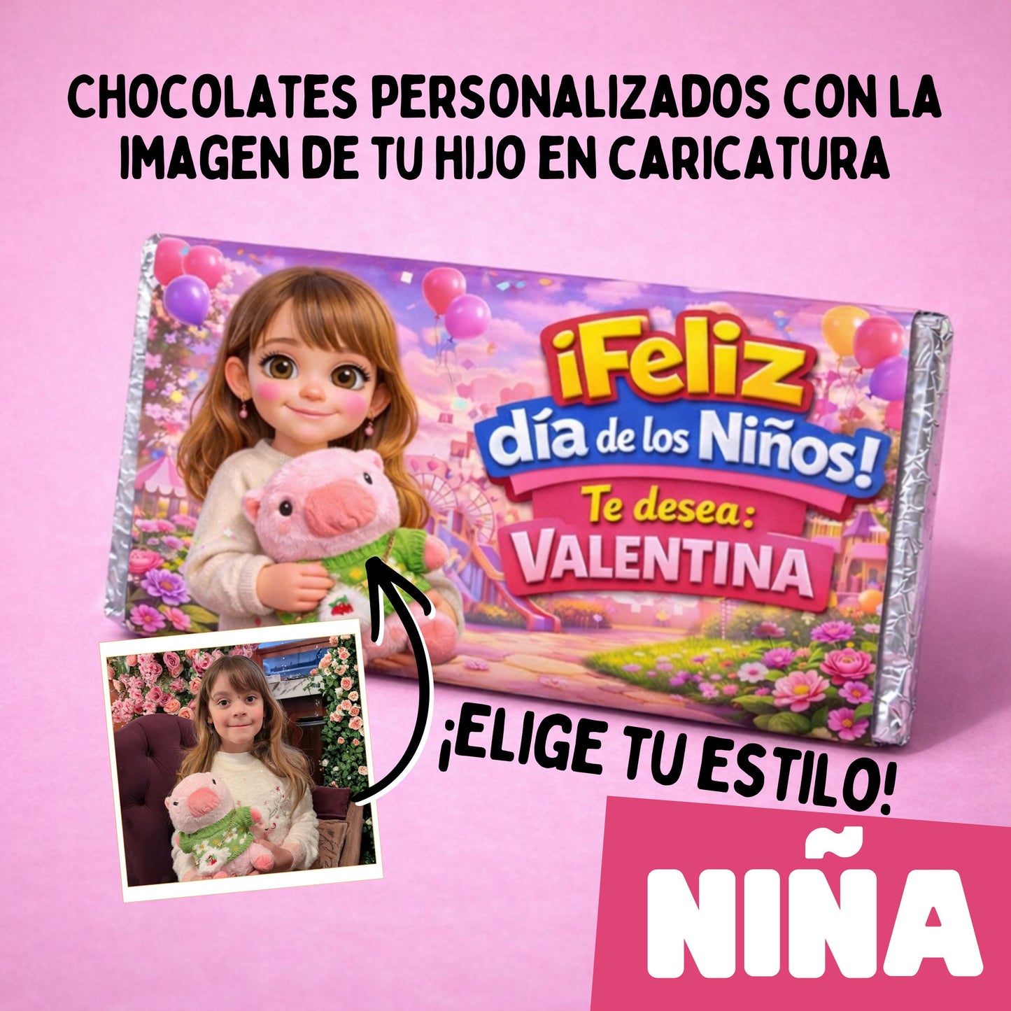 BARRAS DE CHOCOLATE PARA NIÑA PERSONALIZADAS CON TU IMAGEN EN CARICATURA / DISEÑO DIA DEL NIÑO