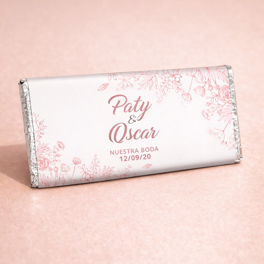 BARRAS DE CHOCOLATE PERSONALIZADAS DISEÑO #9414 FLORES ROSE GOLD BODAS