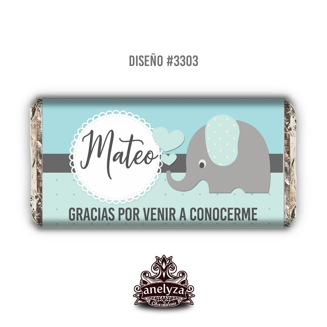 BARRAS DE CHOCOLATE PERSONALIZADAS DISEÑO #3303 ELEFANTITO NACIMIENTO/BABY SHOWER