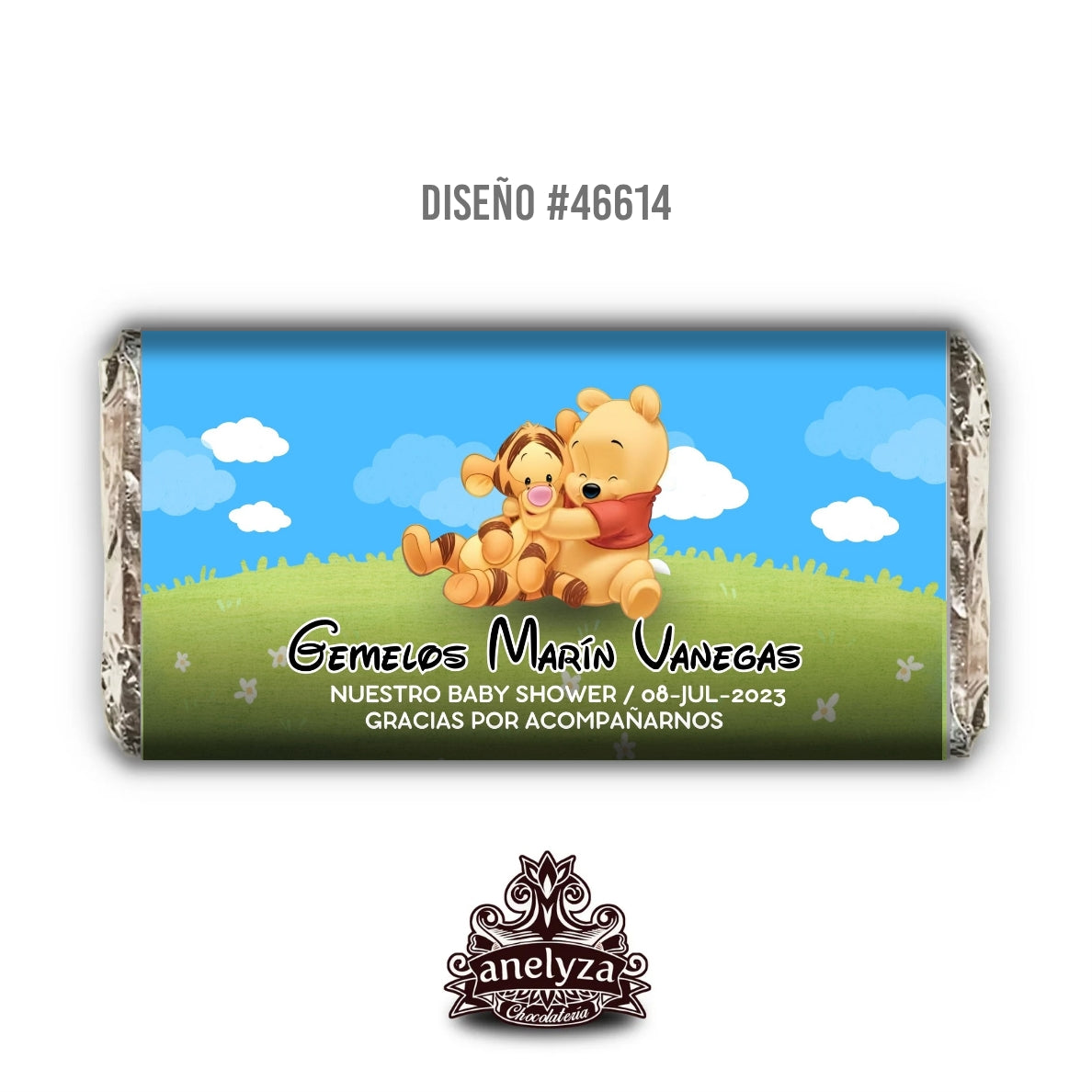 BARRAS DE CHOCOLATE PERSONALIZADAS DISEÑO #46614 WINNIE POOH TIGGER GEMELOS NACIMIENTO / BABY SHOWER