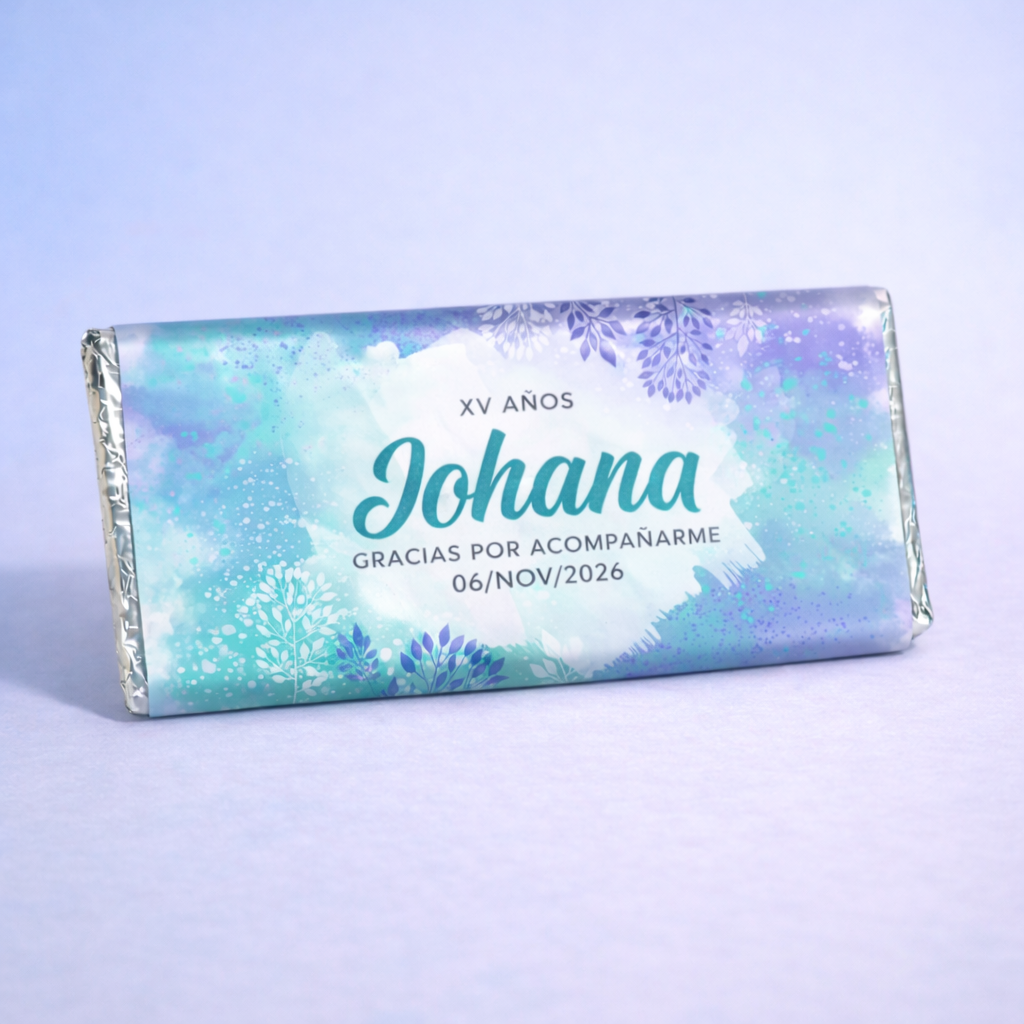 BARRAS DE CHOCOLATE PERSONALIZADAS DISEÑO #8611 ACUARELA AZUL MORADO XV AÑOS