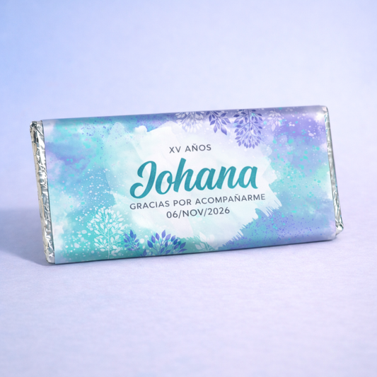 BARRAS DE CHOCOLATE PERSONALIZADAS DISEÑO #8611 ACUARELA AZUL MORADO XV AÑOS