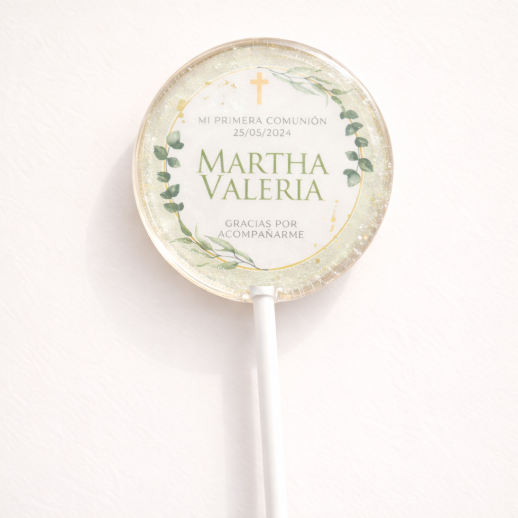 PALETAS DE CARAMELO PERSONALIZADAS DISEÑO #88368 VERDE MENTA PRIMERA COMUNIÓN