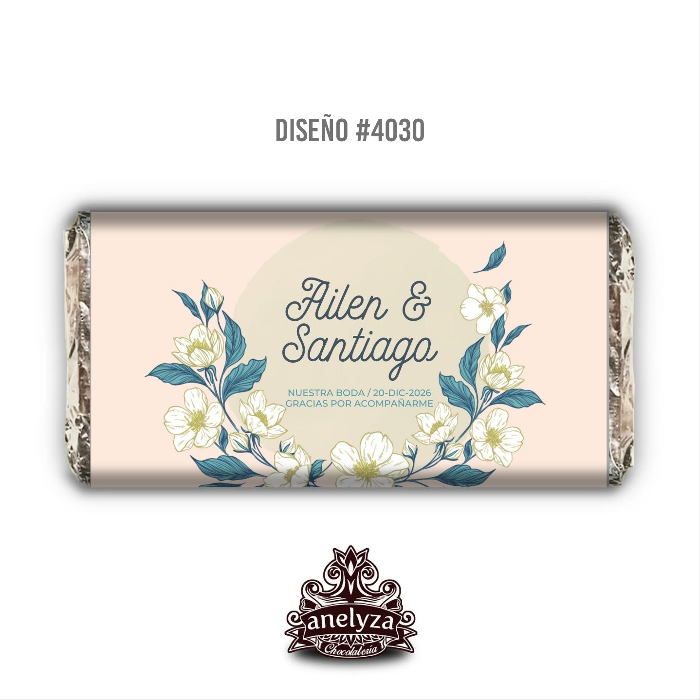 BARRAS DE CHOCOLATE PERSONALIZADAS DISEÑO #4030 FLORES BLANCAS FONDO ROSA BODAS