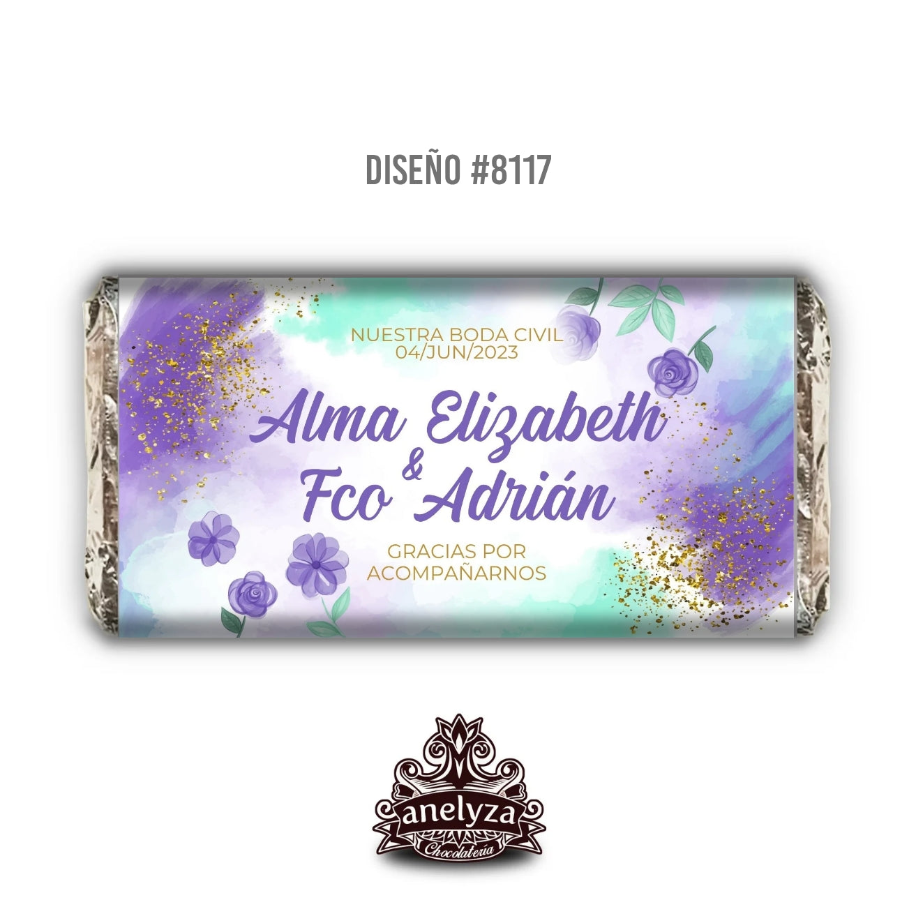 BARRAS DE CHOCOLATE PERSONALIZADAS DISEÑO #8117 ACUARELA MORADO VERDE FLORES BODAS