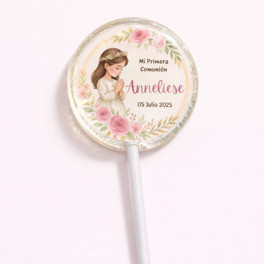 PALETAS DE CARAMELO PERSONALIZADAS DISEÑO #2327-10 NIÑA ROSA PRIMERA COMUNIÓN