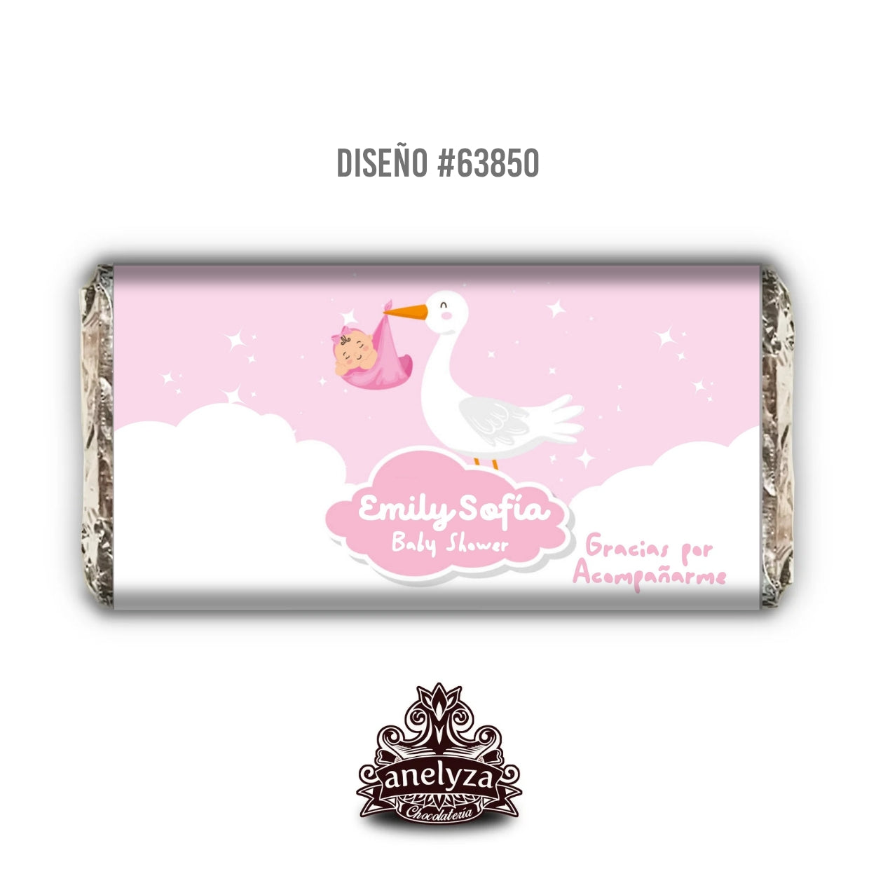 BARRAS DE CHOCOLATE PERSONALIZADAS DISEÑO #63850 CIGÜEÑA NUBES ROSA NACIMIENTO / BABY SHOWER