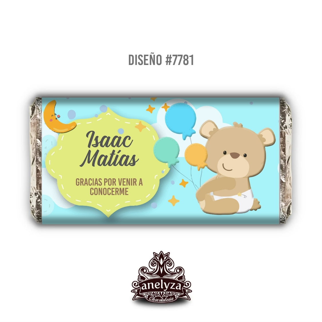 BARRAS DE CHOCOLATE PERSONALIZADAS DISEÑO #7781 OSITO NACIMIENTO/BABY SHOWER