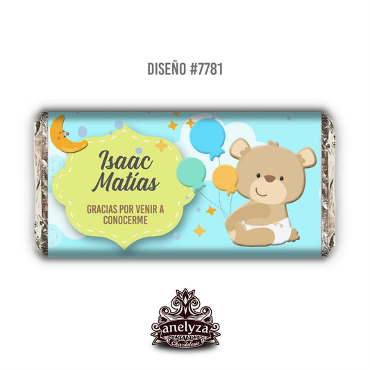 BARRAS DE CHOCOLATE PERSONALIZADAS DISEÑO #7781 OSITO NACIMIENTO/BABY SHOWER