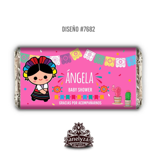 BARRAS DE CHOCOLATE PERSONALIZADAS DISEÑO #7682 MUÑEQUITA MEXICANA NACIMIENTO/BABY SHOWER