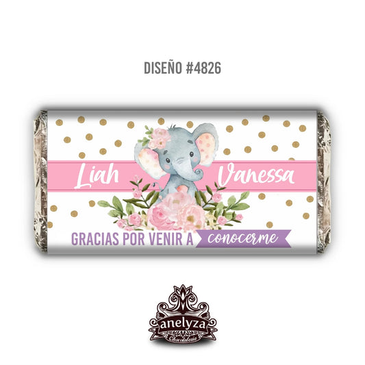 BARRAS DE CHOCOLATE PERSONALIZADAS DISEÑO #4826 ELEFANTITA NACIMIENTO/BABY SHOWER