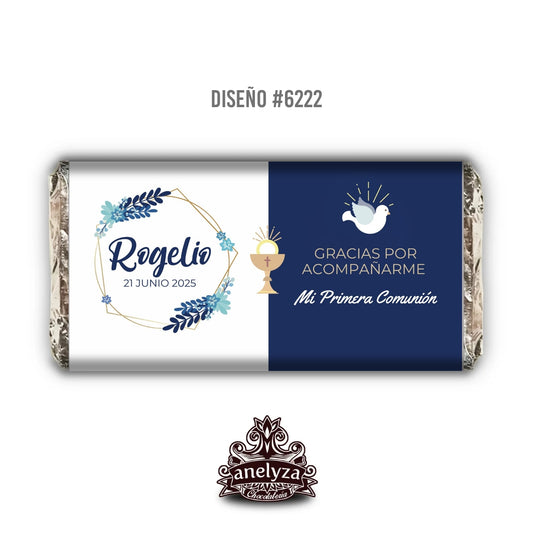 BARRAS DE CHOCOLATE PERSONALIZADAS DISEÑO #6222 AZUL BAUTIZO/PRIMERA COMUNIÓN