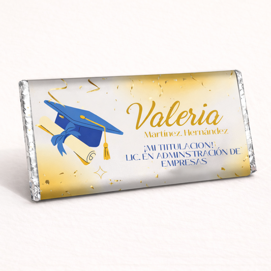 BARRAS DE CHOCOLATE PERSONALIZADAS DISEÑO #44703 GRADUACION COLOR DORADO Y AZUL