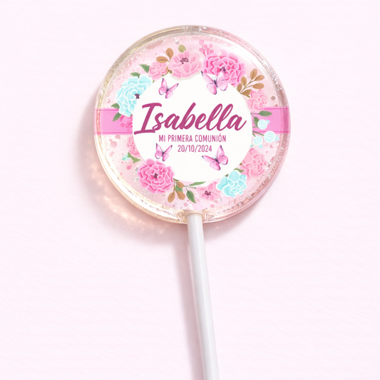 PALETAS DE CARAMELO PERSONALIZADAS DISEÑO #9653 FLORES ROSA PRIMERA COMUNIÓN