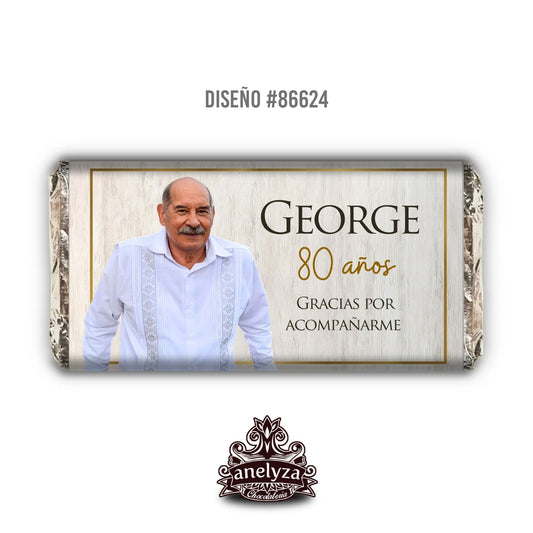 BARRAS DE CHOCOLATE PERSONALIZADAS DISEÑO #86624 CUMPLEAÑOS HOMBRE CON FOTO MARCO DORADO