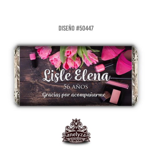 BARRAS DE CHOCOLATE PERSONALIZADAS DISEÑO #50447 CUMPLEAÑOS DE MUJER MADERA Y FLORES