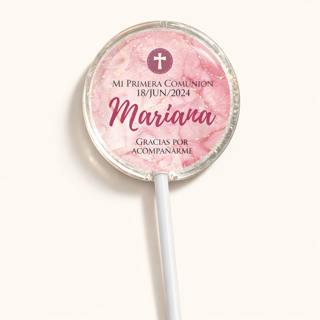 PALETAS DE CARAMELO PERSONALIZADAS DISEÑO #46298-5 MARMOL ROSA ROSE GOLD PRIMERA COMUNIÓN