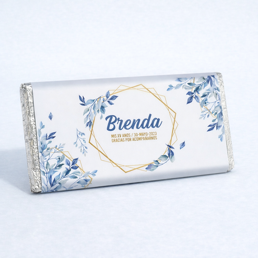 BARRAS DE CHOCOLATE PERSONALIZADAS DISEÑO #4857 HOJAS AZULES XV AÑOS