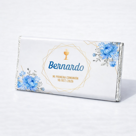 BARRAS DE CHOCOLATE PERSONALIZADAS DISEÑO #2645 FLORES AZUL BAUTIZO/PRIMERA COMUNIÓN