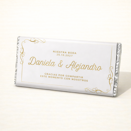 BARRAS DE CHOCOLATE PERSONALIZADAS DISEÑO #6949 FONDO BLANCO CON DORADO BODAS