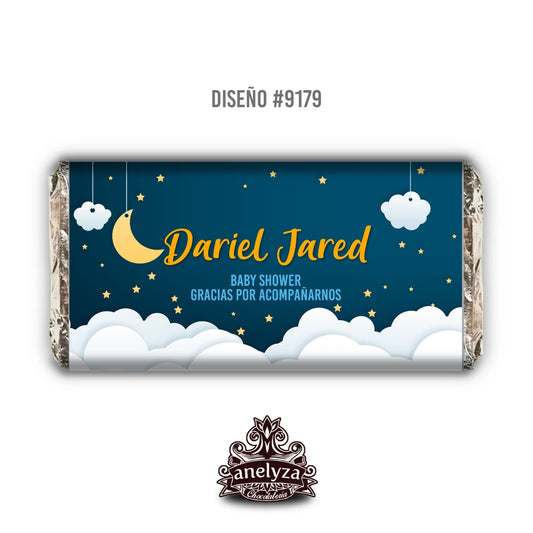 BARRAS DE CHOCOLATE PERSONALIZADAS DISEÑO #9179 NOCHE ESTRELLAS NACIMIENTO/BABY SHOWER