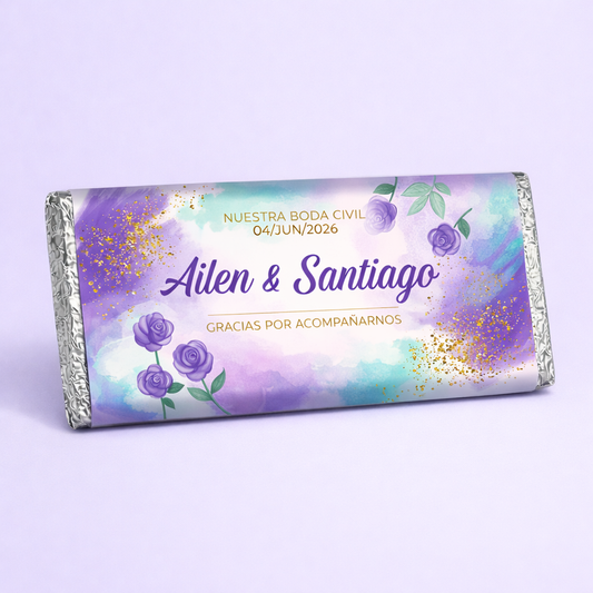 BARRAS DE CHOCOLATE PERSONALIZADAS DISEÑO #8117 ACUARELA MORADO VERDE FLORES BODAS