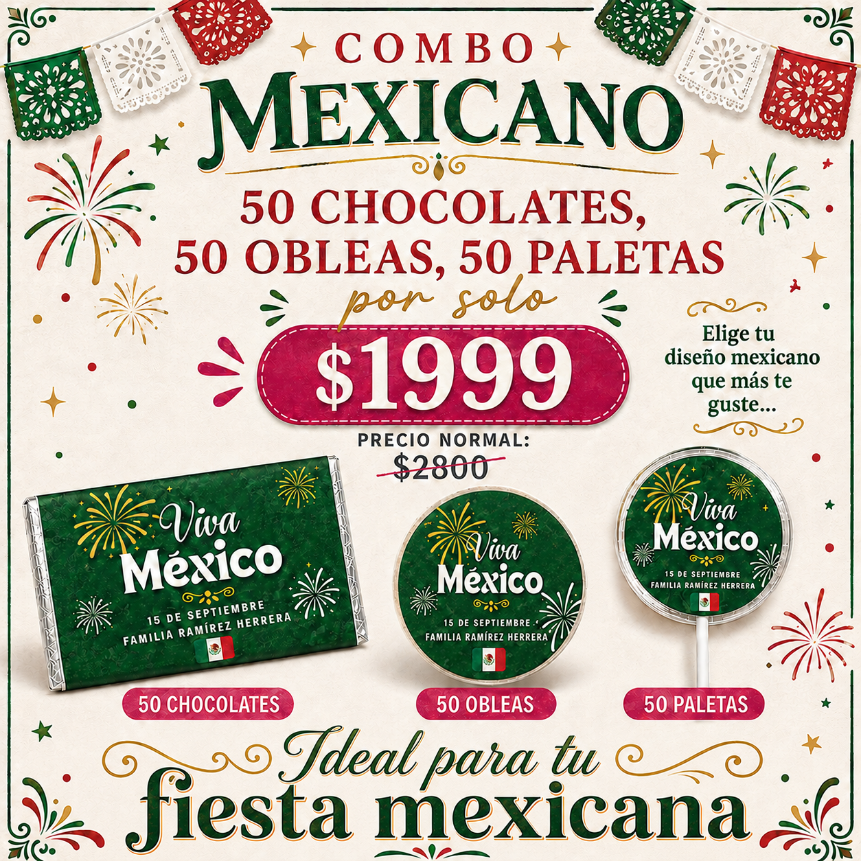 ¡COMBO MEXICANO! Contiene 50 chocolates 8x4 cms, 50 0bleas rellenas de cajeta y 50 paletas.