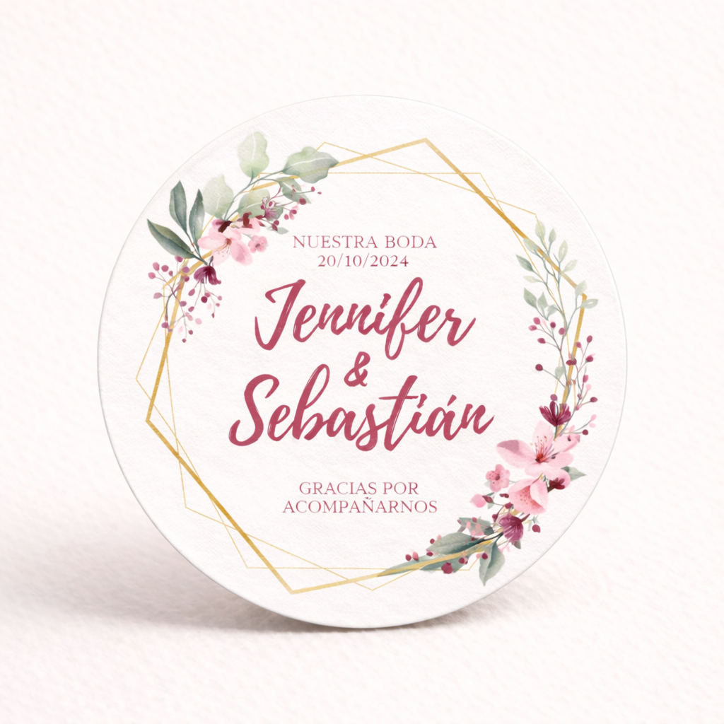 OBLEAS RELLENAS PERSONALIZADAS DISEÑO #5050 FLORES ARO DORADO BODAS