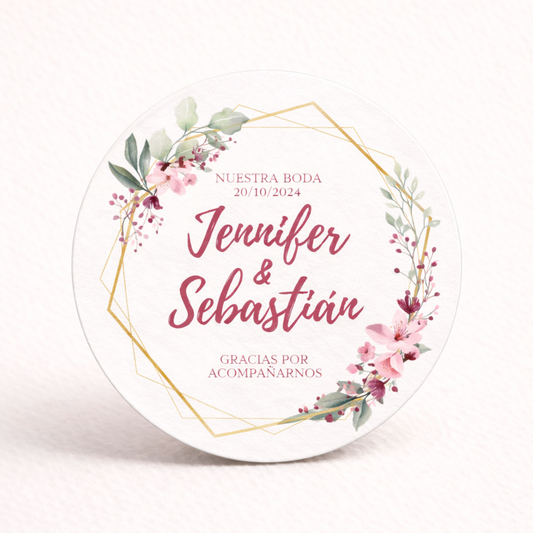 OBLEAS RELLENAS PERSONALIZADAS DISEÑO #5050 FLORES ARO DORADO BODAS