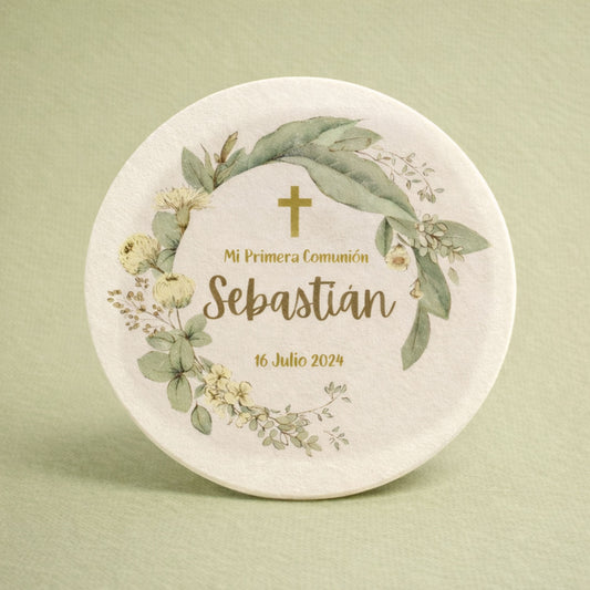 OBLEAS RELLENAS PERSONALIZADAS DISEÑO #7389 ARO HOJAS VERDES PRIMERA COMUNIÓN