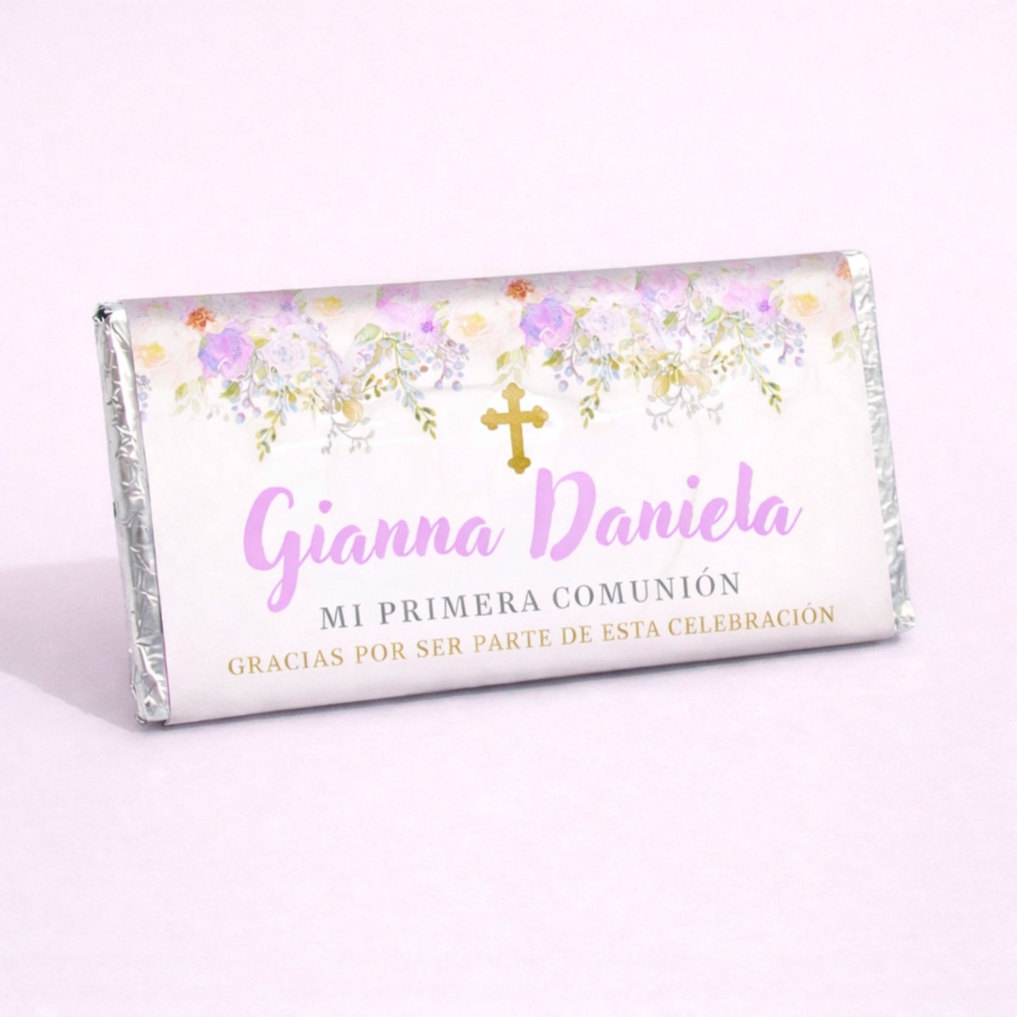 BARRAS DE CHOCOLATE PERSONALIZADAS DISEÑO #14775 FLORES ROSAS BAUTIZO/PRIMERA COMUNIÓN